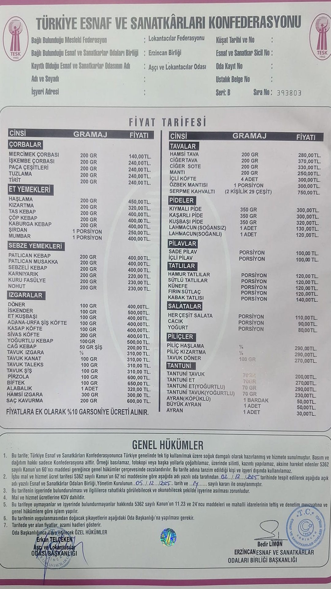 Restoran Fi̇yat Tari̇fesi̇