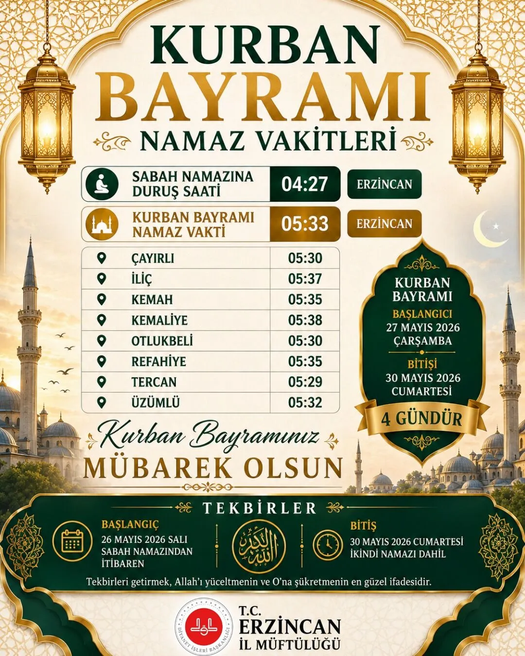Erzinan 2026 Namaz Vakitleri