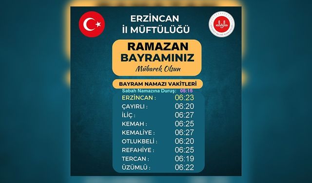 Erzincan’da Bayram Namazı 06.23’te Kılınacak