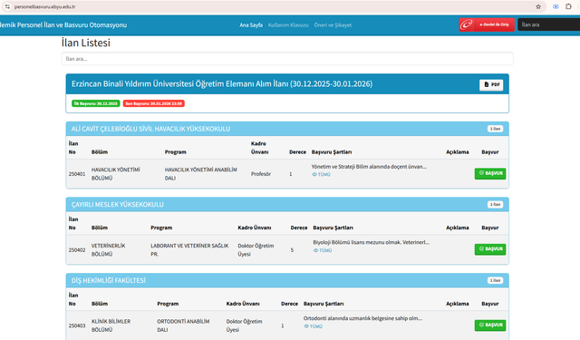EBYÜ Öğretim Görevlisi Başvuruları e-Devlet Entegrasyonu ile Sürüyor
