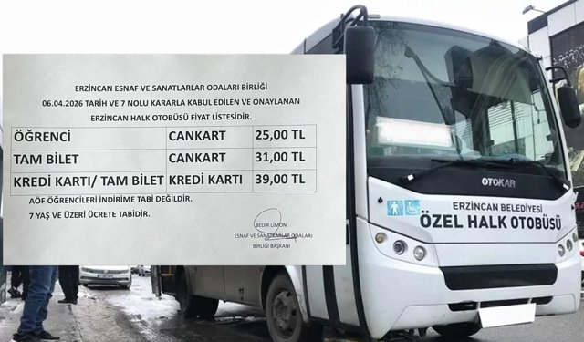 Erzincan’da Toplu Taşımaya Zam